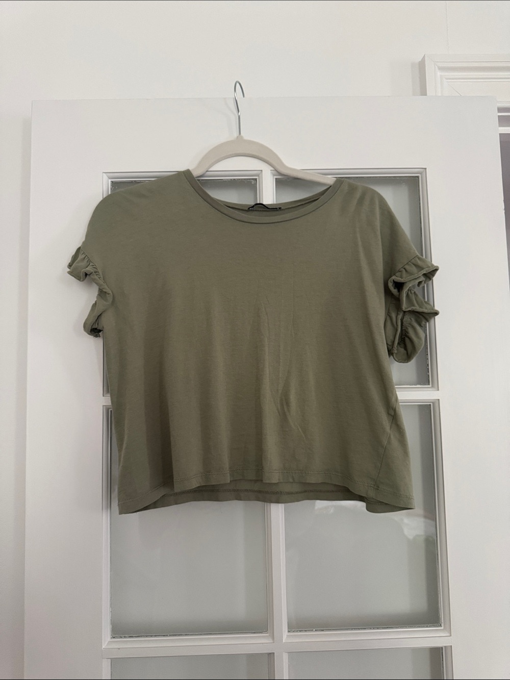 Zara Olive Green Ruffle Sleeve Cropped Tee